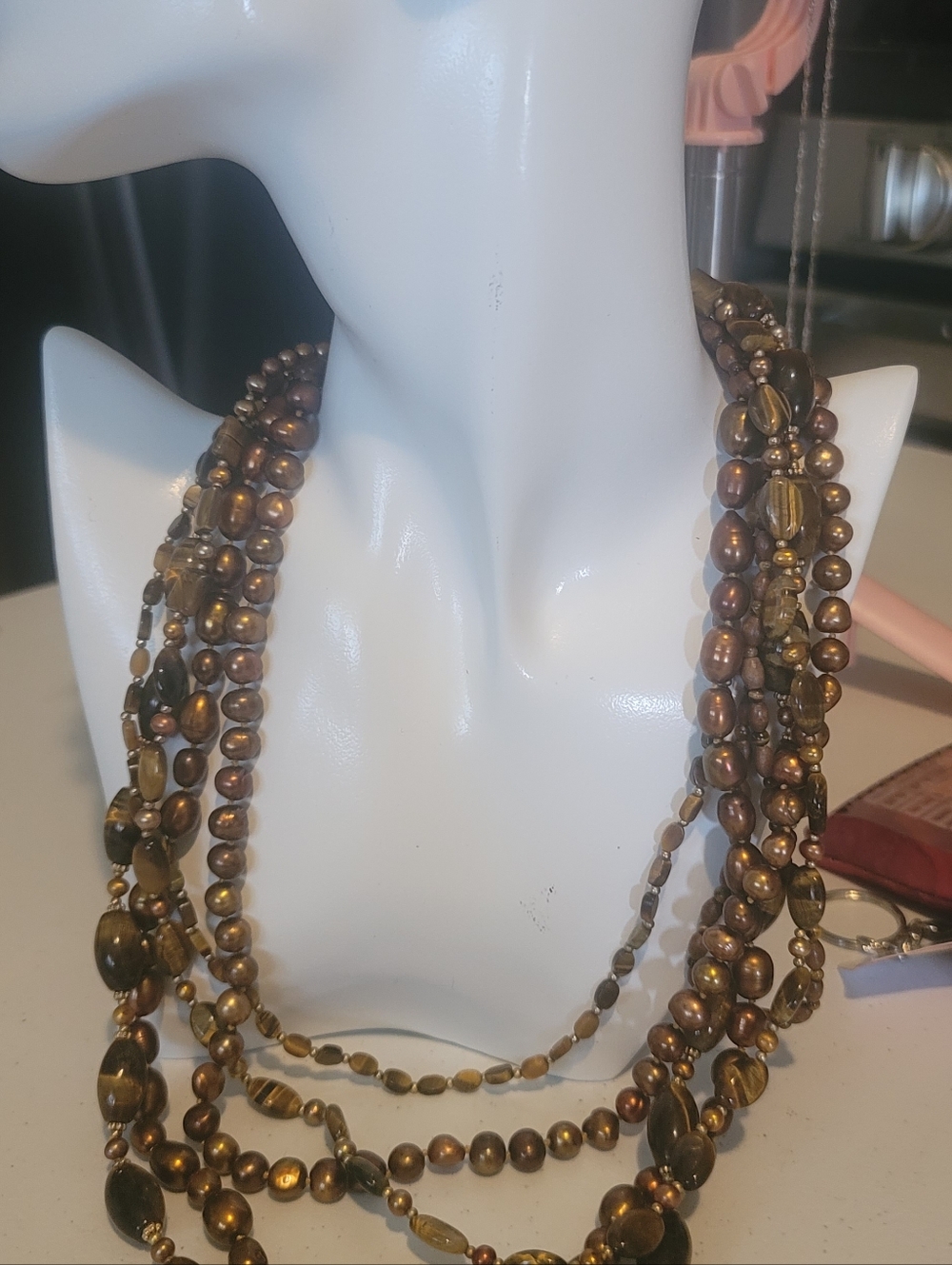 Coldwater Creek Vintage Multi-Strand Bronze Pearl & Tiger’s Eye Necklace
